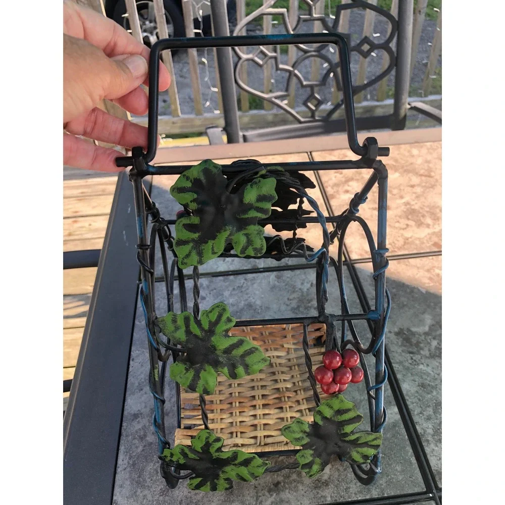 Vintage Tuscany metal Grapevine Wine Rack Wicker Base Rustic Countertop Holder